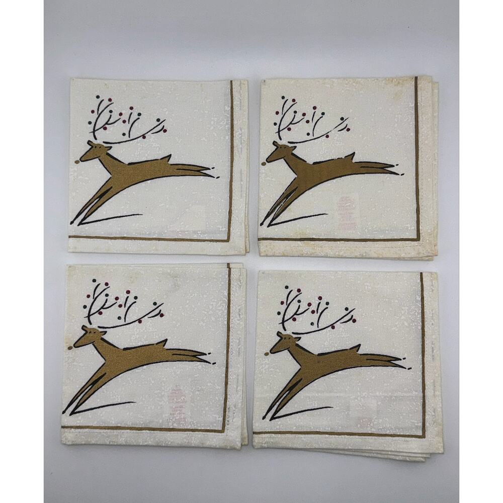Vintage Cost Plus World Market Christmas Reindeer Fabric Cocktail Napkins Set/ 4